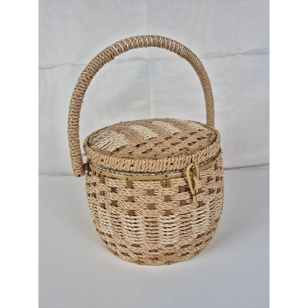 Vintage Wicker Sewing Basket Floral Lined Japan Insert Boho Craft Storage